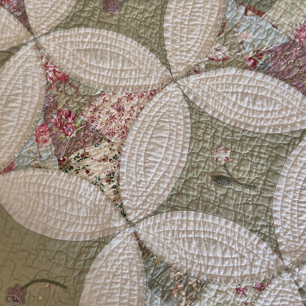 Nostalgia Home Fashions Sage Green Floral Patchwork Quilt Set Queen 3pc Cotton - Picture 3 of 8